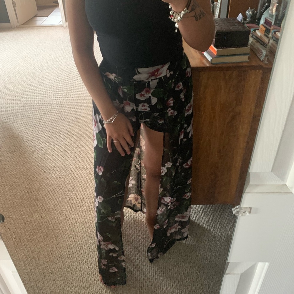 Black Flower Print Long Skirt with Shorts